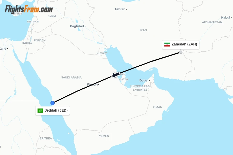 Flights from Zahedan to Jeddah route map