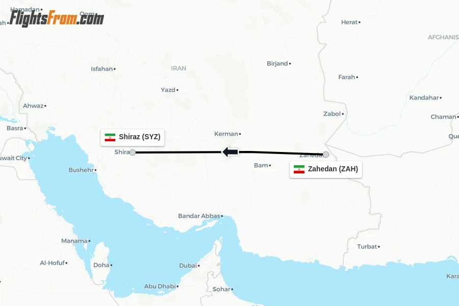 Flights from Zahedan to Shiraz route map