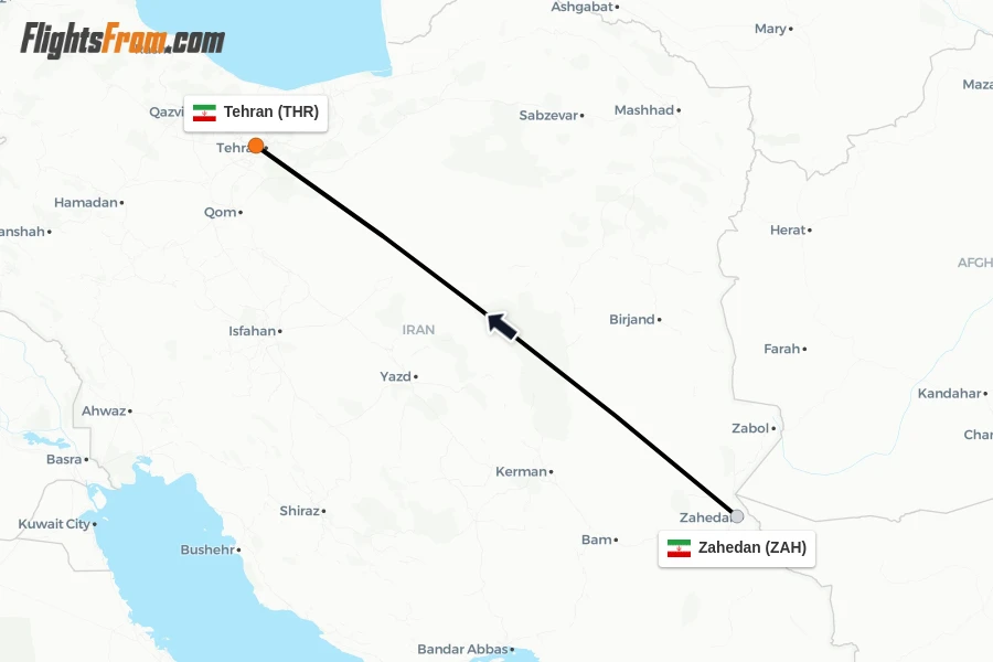 Flights from Zahedan to Tehran route map