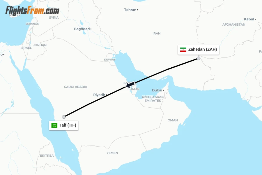 Flights from Zahedan to Taif route map