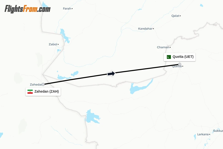 Flights from Zahedan to Quetta route map