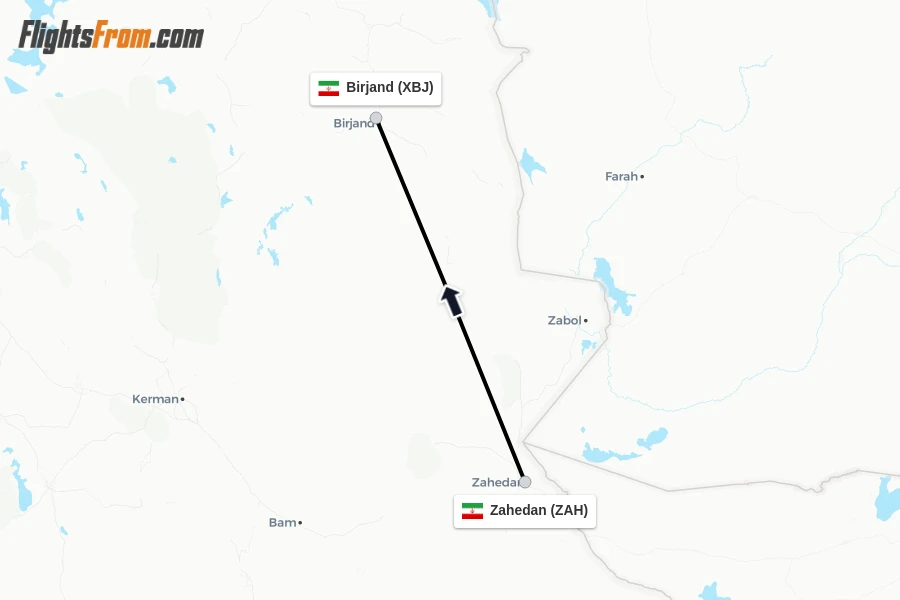 Flights from Zahedan to Birjand route map