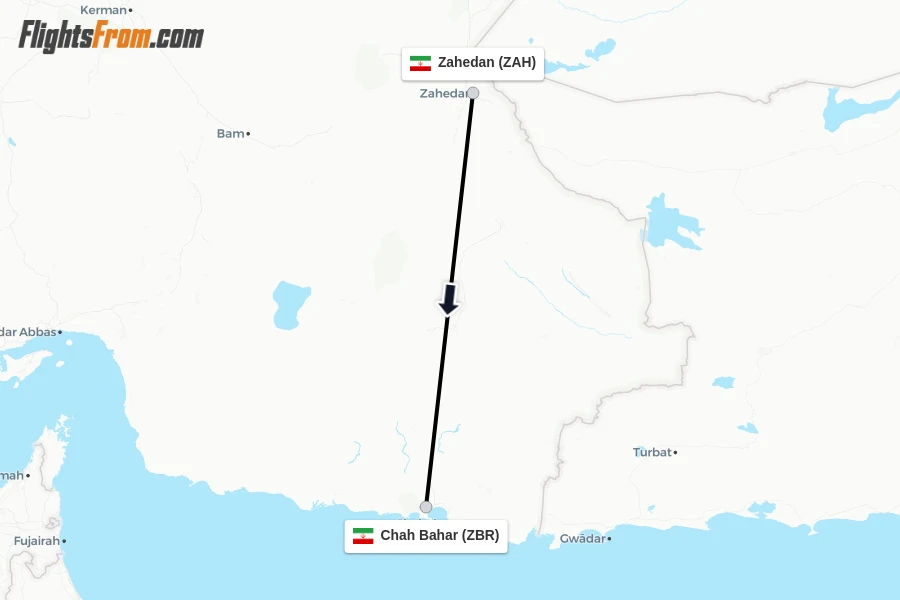 Flights from Zahedan to Chah Bahar route map