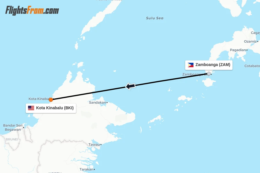 Flights from Zamboanga to Kota Kinabalu route map