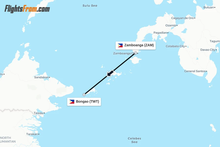 Flights from Zamboanga to Bongao route map