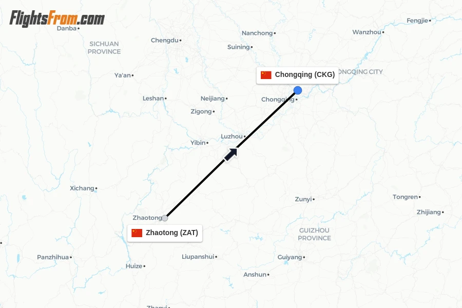 Flights from Zhaotong to Chongqing route map