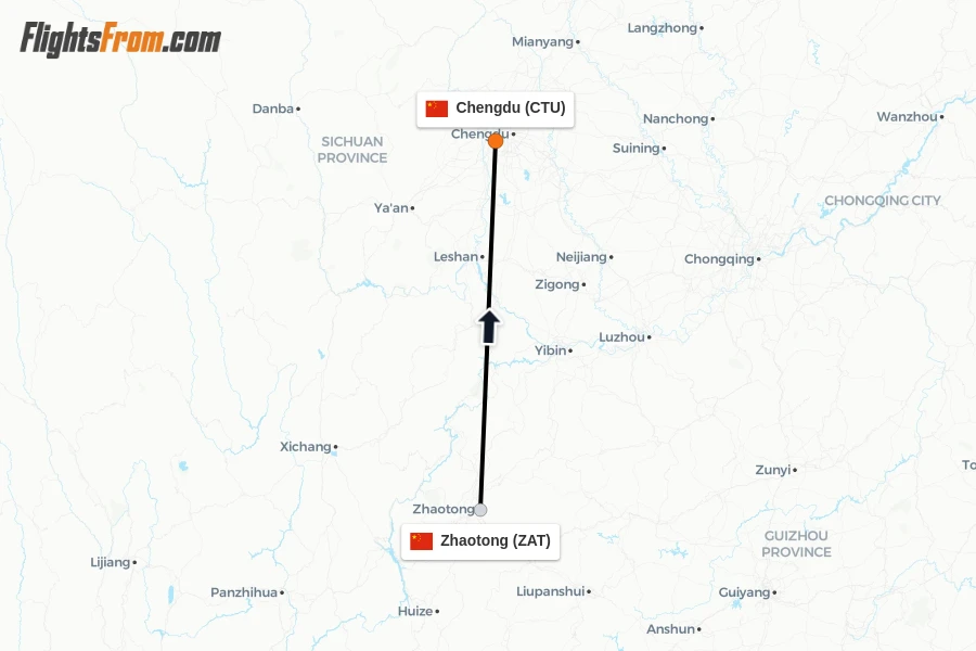 Flights from Zhaotong to Chengdu route map