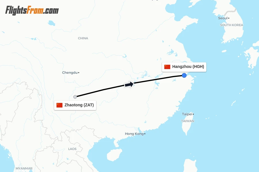 Flights from Zhaotong to Hangzhou route map