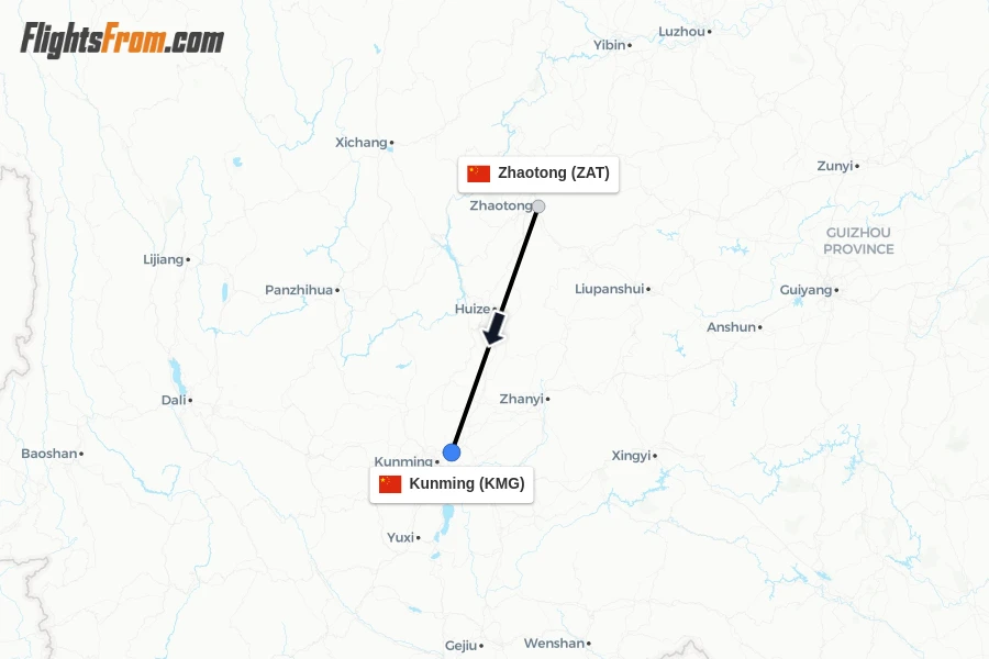 Flights from Zhaotong to Kunming route map