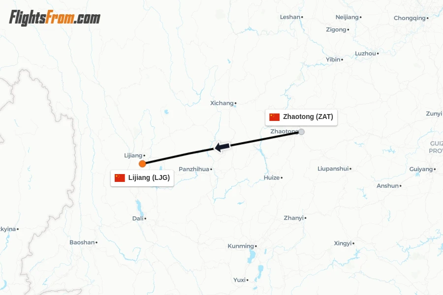 Flights from Zhaotong to Lijiang route map