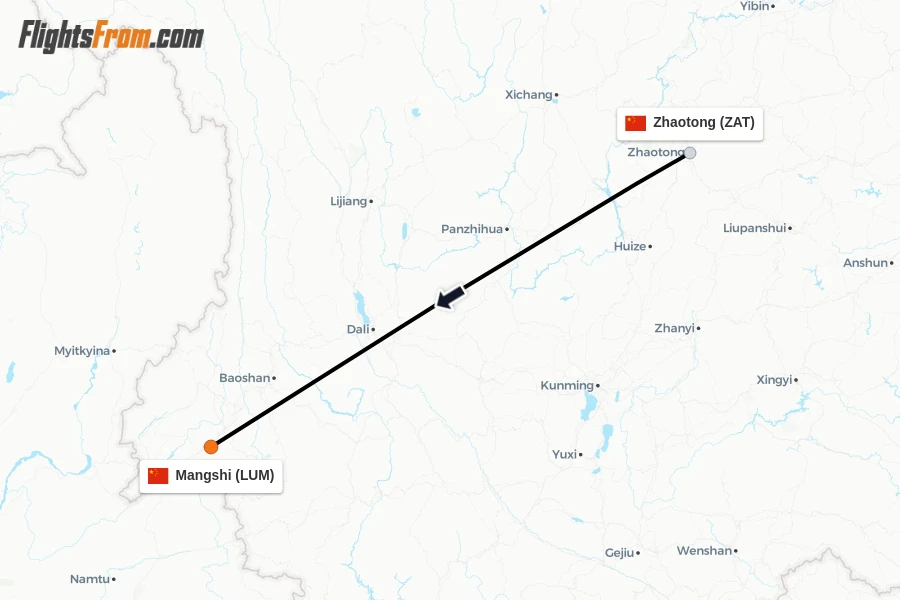 Flights from Zhaotong to Mangshi route map