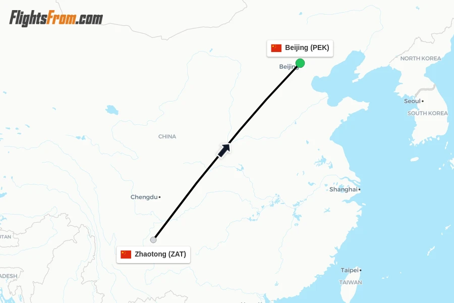 Flights from Zhaotong to Beijing route map