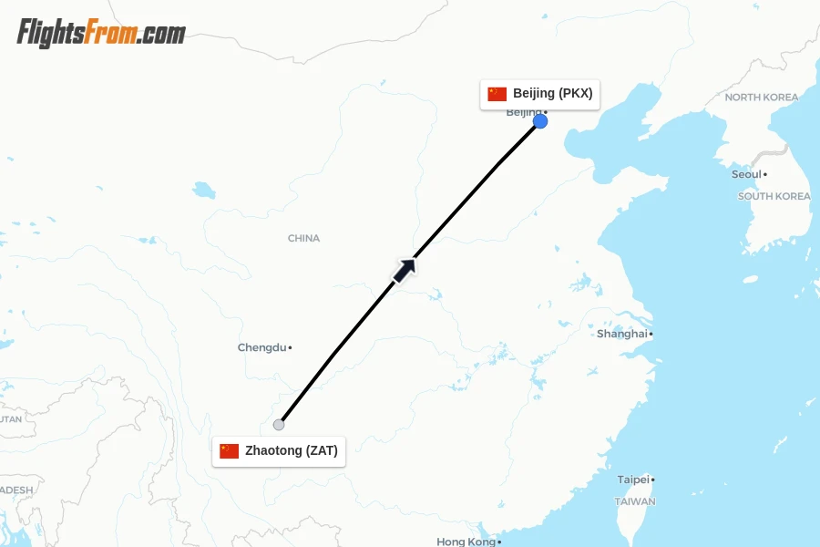Flights from Zhaotong to Beijing route map