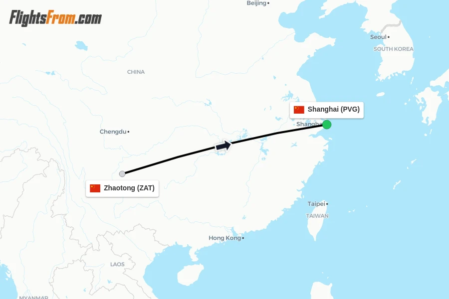 Flights from Zhaotong to Shanghai route map