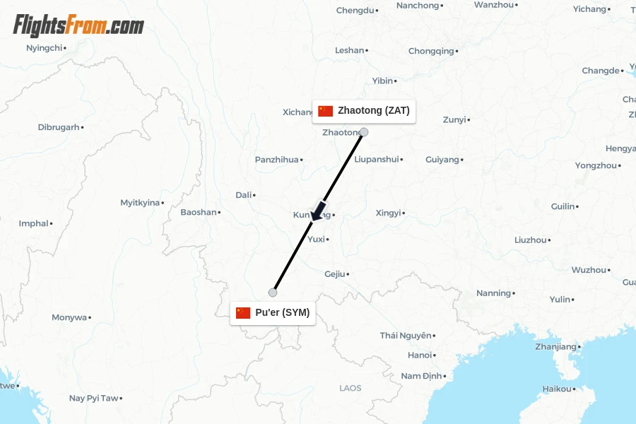 Flights from Zhaotong to Pu'er route map