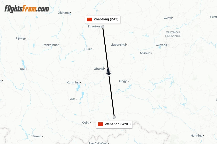 Flights from Zhaotong to Wenshan route map