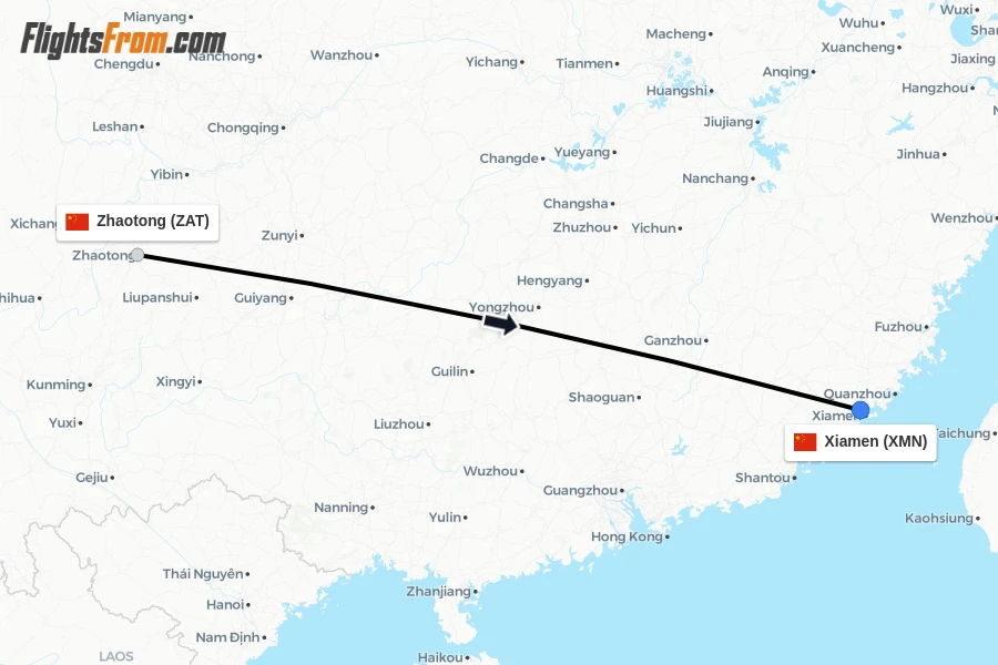 Flights from Zhaotong to Xiamen route map