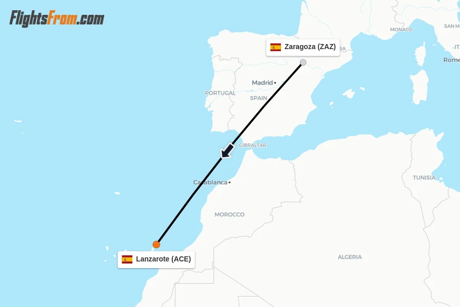 Flights from Zaragoza to Lanzarote route map