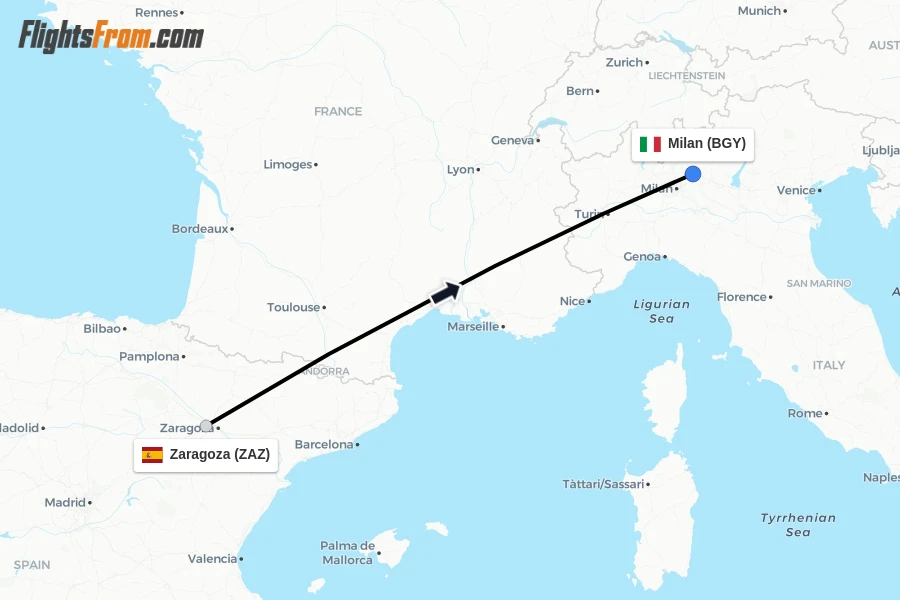 Flights from Zaragoza to Milan route map