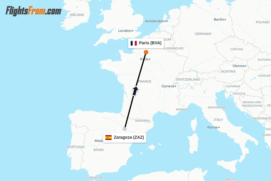 Flights from Zaragoza to Paris route map