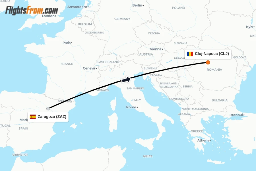 Flights from Zaragoza to Cluj-Napoca route map