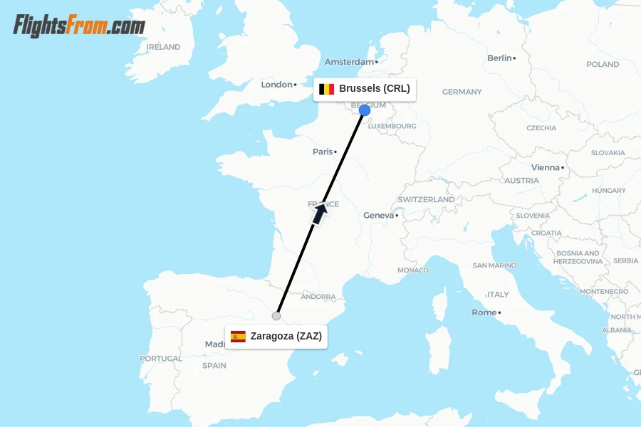 Flights from Zaragoza to Brussels route map