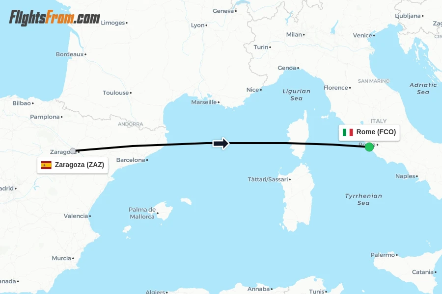 Flights from Zaragoza to Rome route map