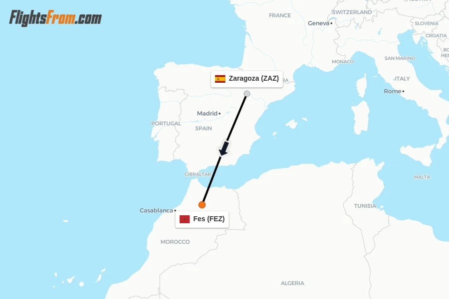 Flights from Zaragoza to Fes route map