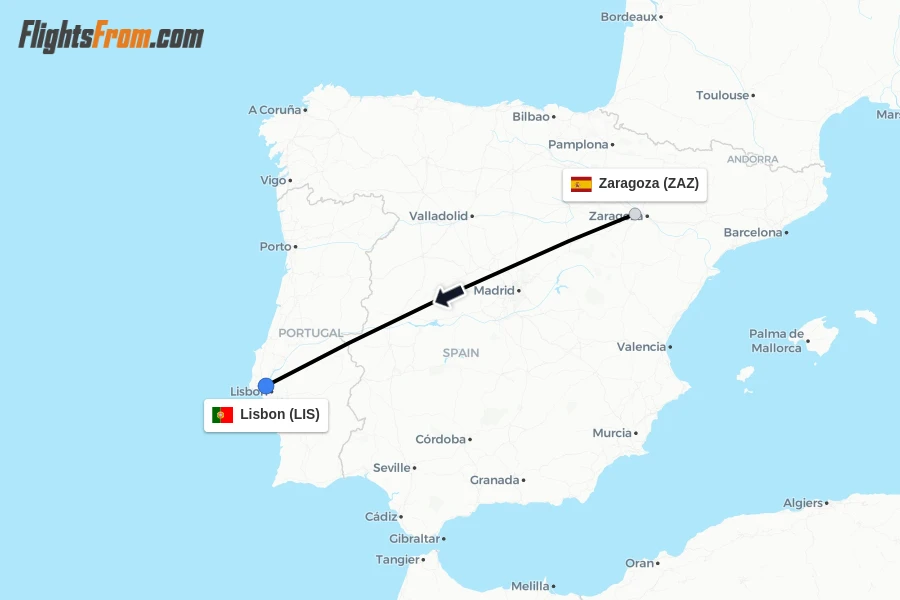 Flights from Zaragoza to Lisbon route map