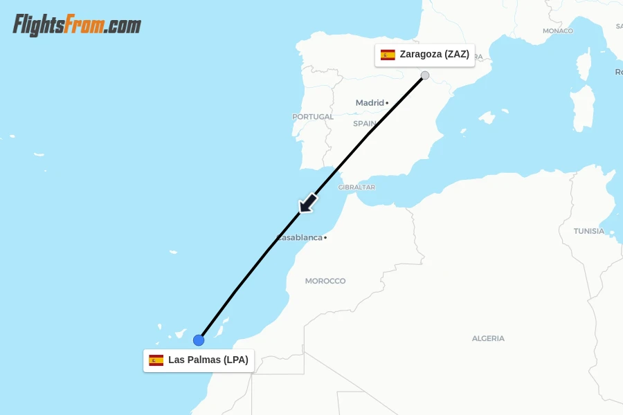 Flights from Zaragoza to Las Palmas route map