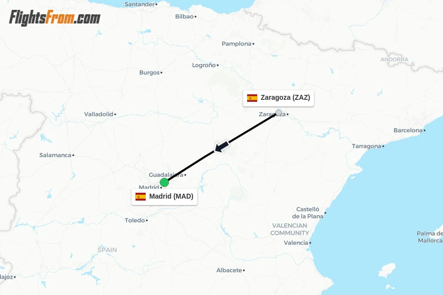Flights from Zaragoza to Madrid route map