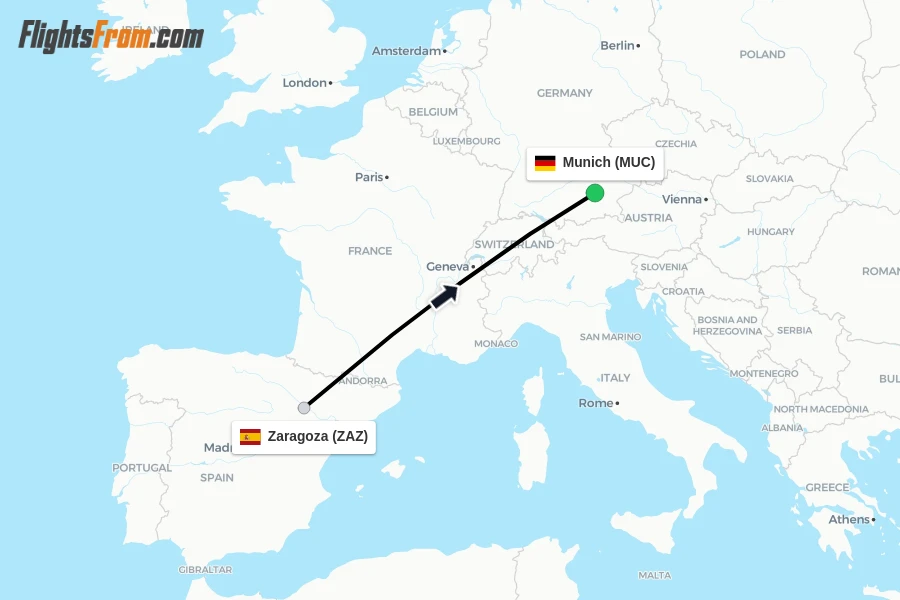 Flights from Zaragoza to Munich route map