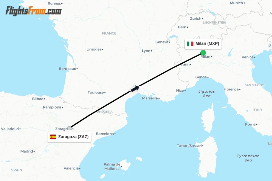 Flights from Zaragoza to Milan route map