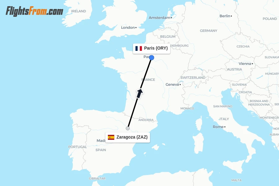 Flights from Zaragoza to Paris route map