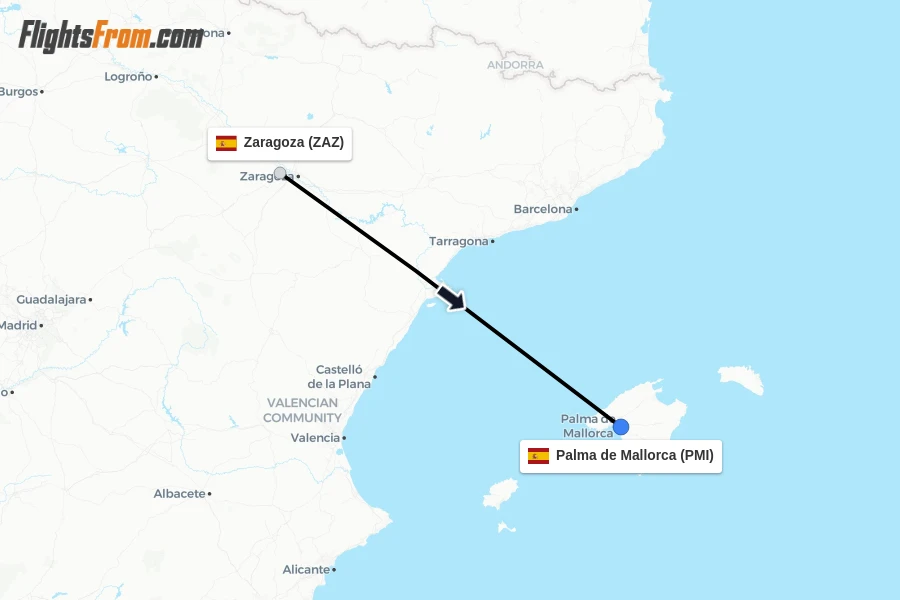 Flights from Zaragoza to Palma de Mallorca route map