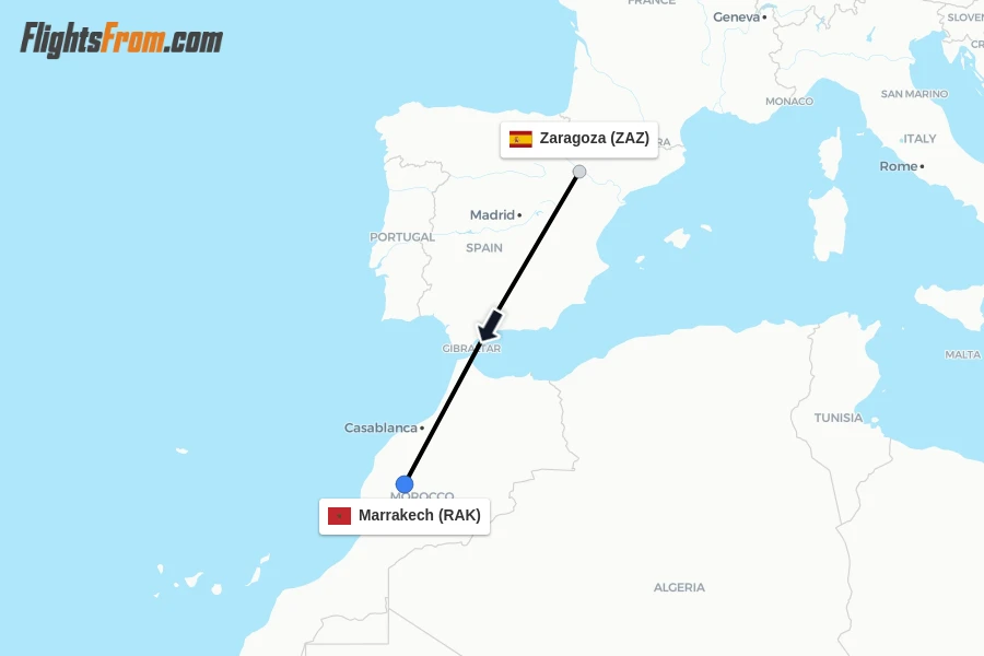 Flights from Zaragoza to Marrakech route map