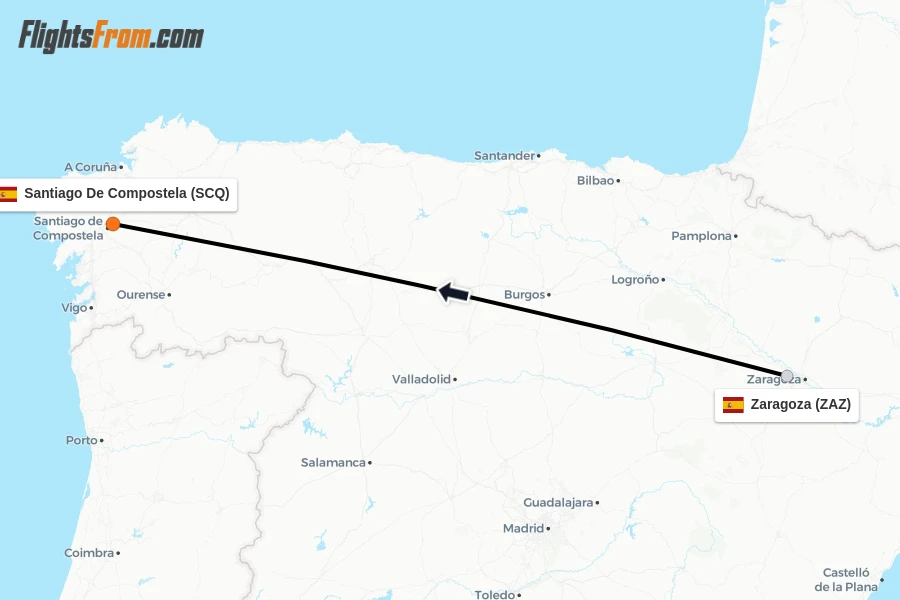 Flights from Zaragoza to Santiago De Compostela route map