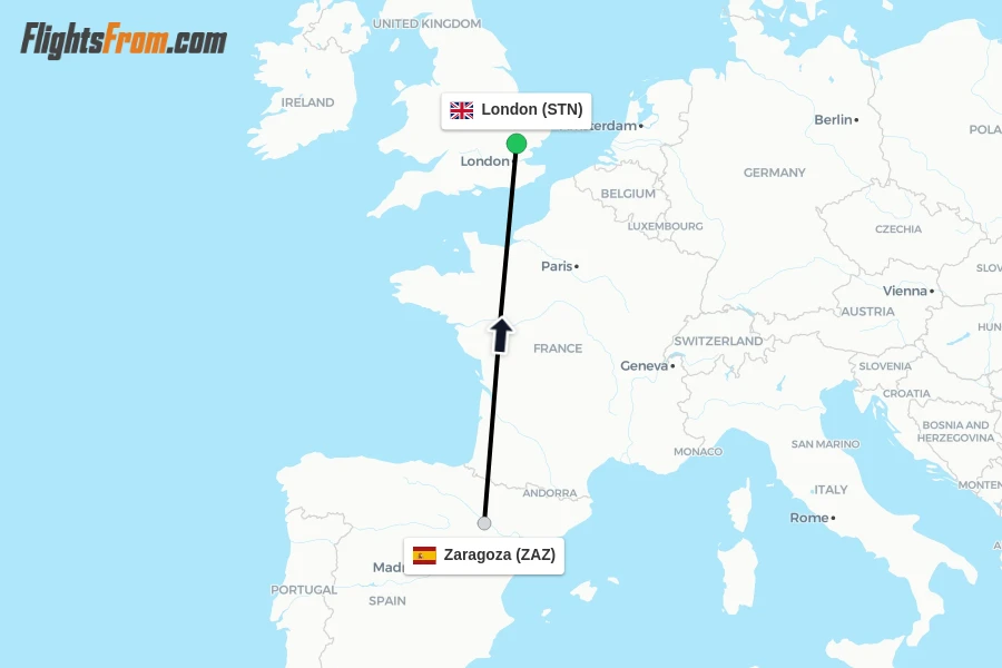 Flights from Zaragoza to London route map