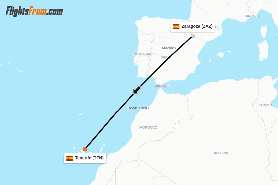 Flights from Zaragoza to Tenerife route map
