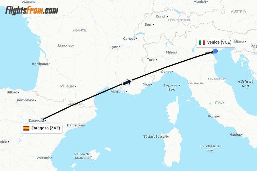 Flights from Zaragoza to Venice route map