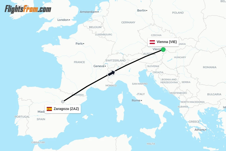 Flights from Zaragoza to Vienna route map