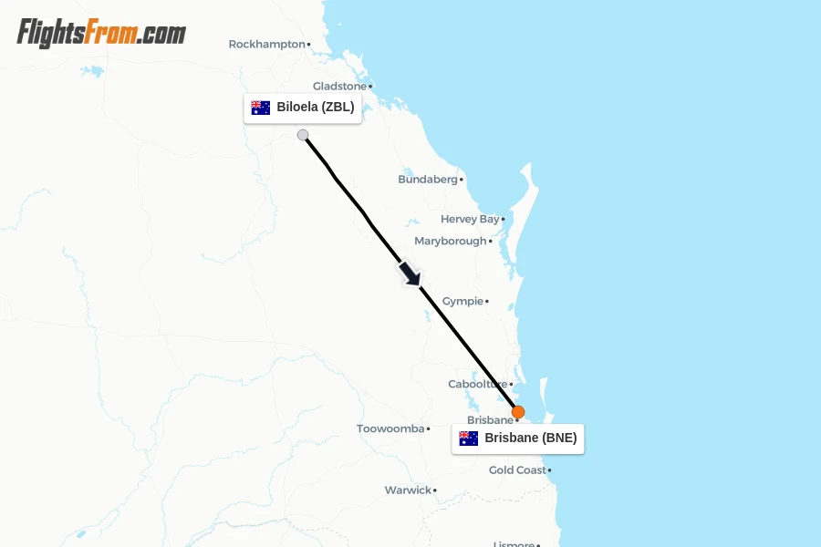 Flights from Biloela to Brisbane route map
