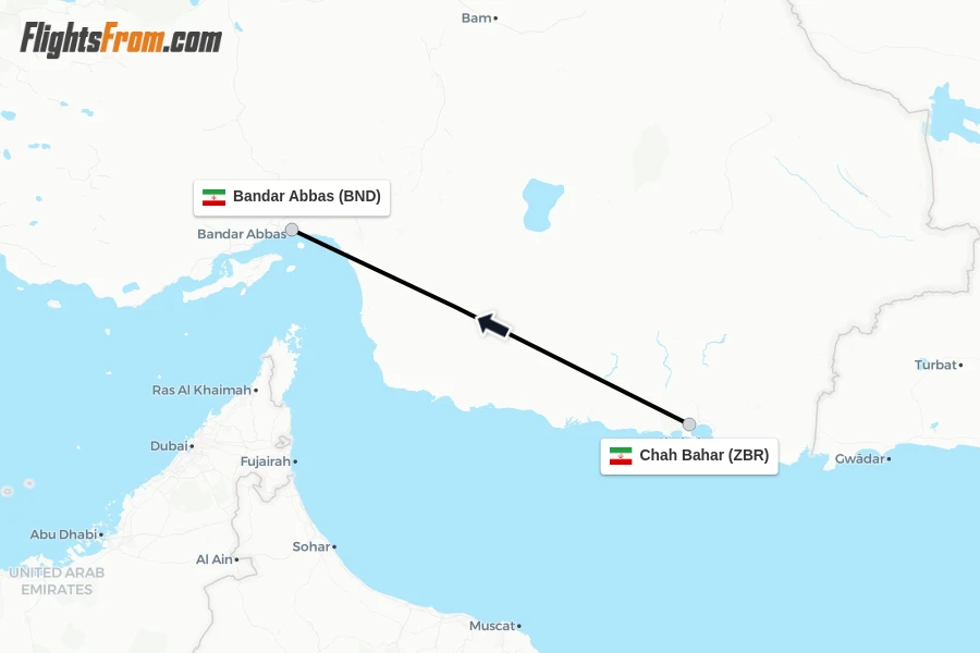 Flights from Chah Bahar to Bandar Abbas route map
