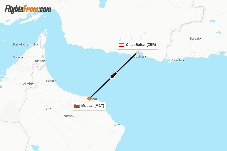 Flights from Chah Bahar to Muscat route map