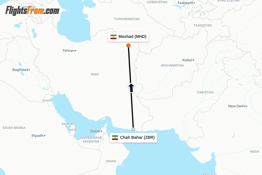 Flights from Chah Bahar to Mashad route map