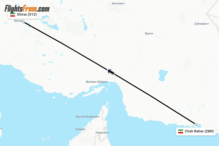 Flights from Chah Bahar to Shiraz route map