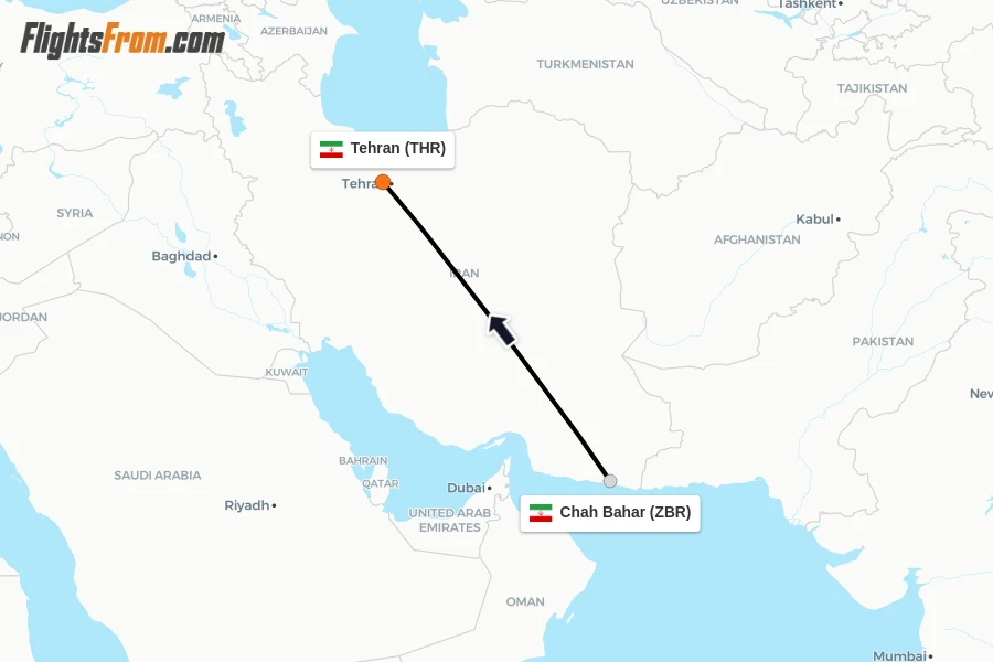 Flights from Chah Bahar to Tehran route map