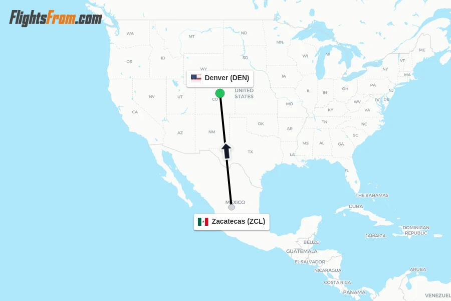 Flights from Zacatecas to Denver route map