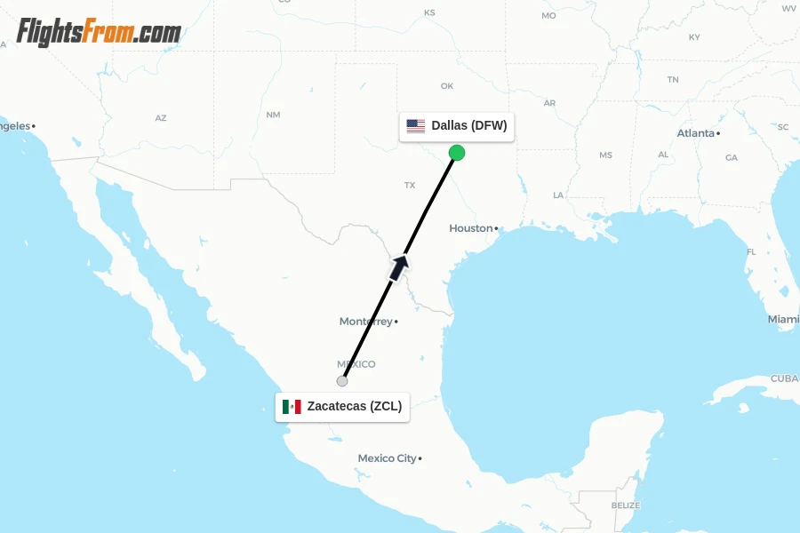 Flights from Zacatecas to Dallas route map