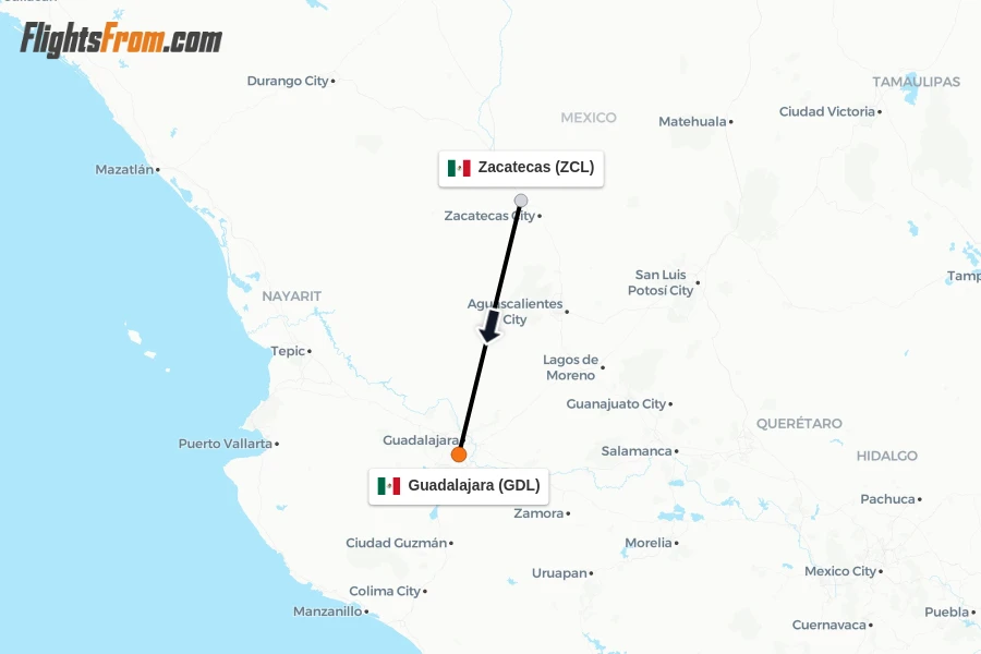 Flights from Zacatecas to Guadalajara route map